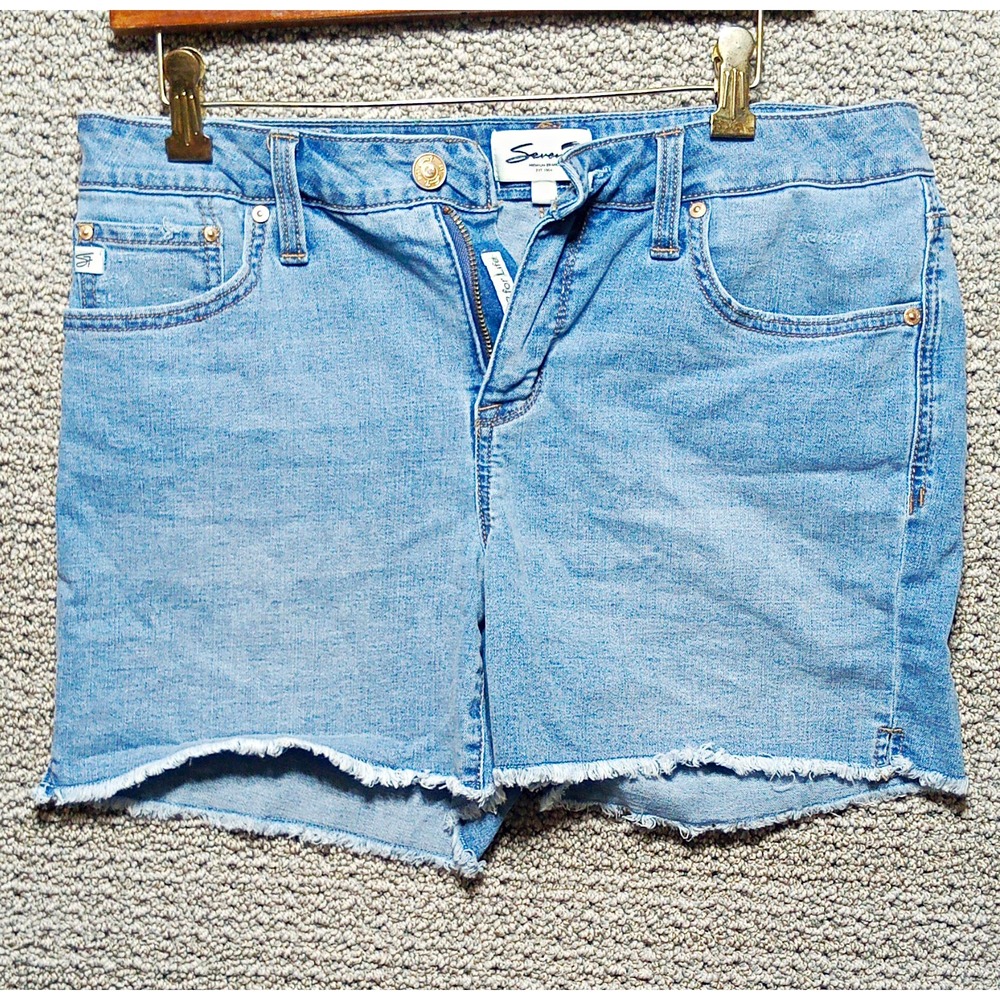 #F17-Seven7 for Life Women's 8 Light Wash Denim Cut Off Shorts Mid Rise 32W 3"